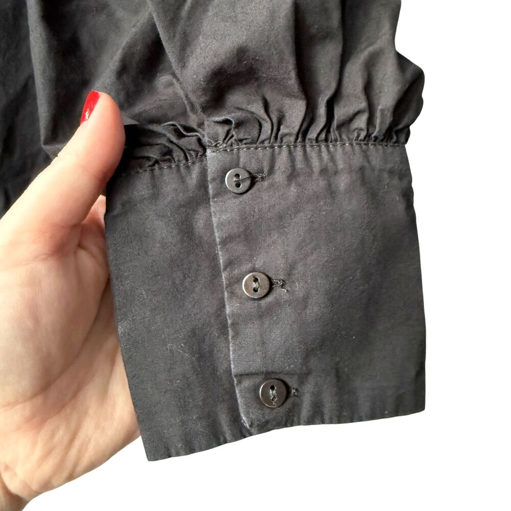 Zara 100% Cotton Balloon Sleeve Ruffle Neck Blouse XS Black V-Neck Puff Sleeve - Picture 7 of 8